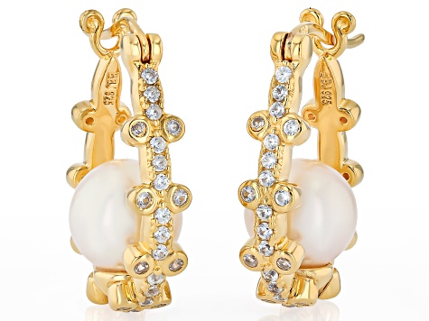 White Cultured Freshwater Pearl with White Zircon 18k Yellow Gold