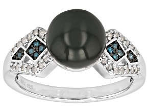 Black Cultured Tahitian Pearl with Blue and White Diamond Rhodium Over Sterling Silver Ring 0.21ctw