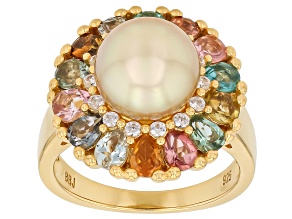 Golden Cultured South Sea Pearl with Tourmaline & Zircon 18K Yellow Gold & Rhodium Over Silver Ring