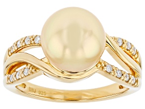 Golden Cultured South Sea Pearl With White Lab Grown Diamond 18K Yellow Gold Over Silver Ring