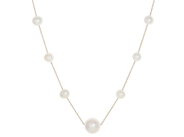 White Cultured Freshwater Pearl 14k Yellow Gold 18 Inch Station Necklace