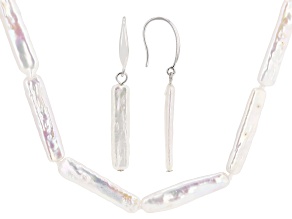 White Cultured Freshwater Pearl Sterling Silver 18 Inch Strand Necklace & Earring Set