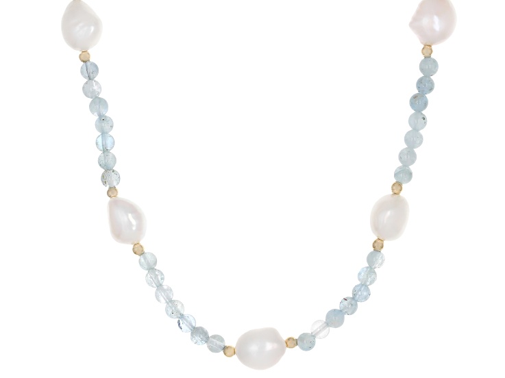 White Cultured Freshwater Pearl With Aquamarine 14k Yellow Gold 18 Inch Station Necklace