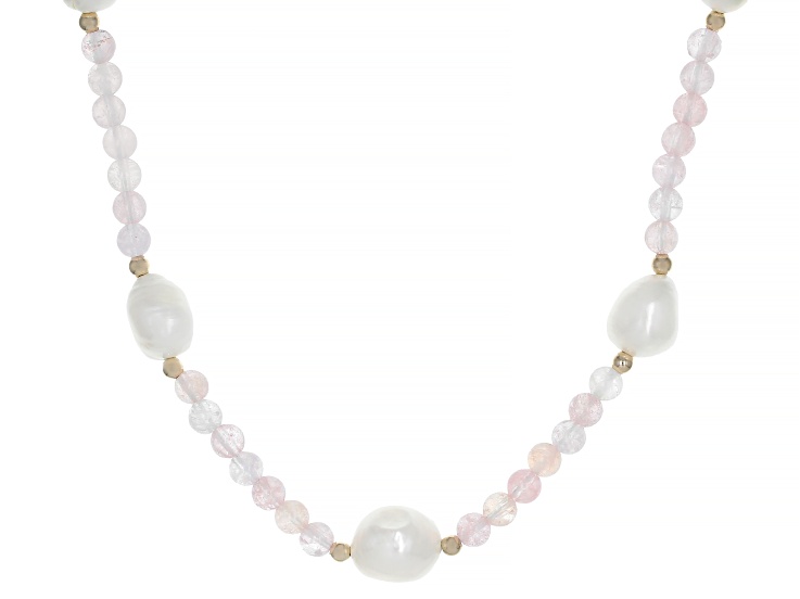 White Cultured Freshwater Pearl With Morganite 14k Yellow Gold 18 Inch Station Necklace