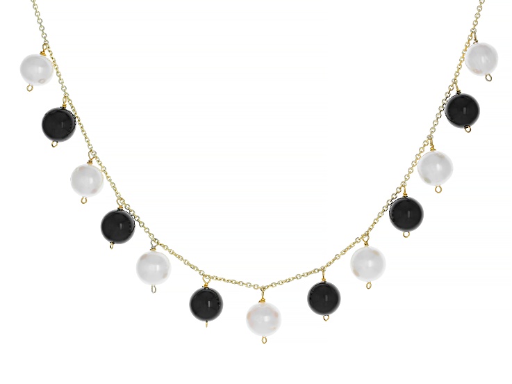 White Cultured Freshwater Pearl & Black Agate 14k Yellow Gold Over Sterling Silver Necklace