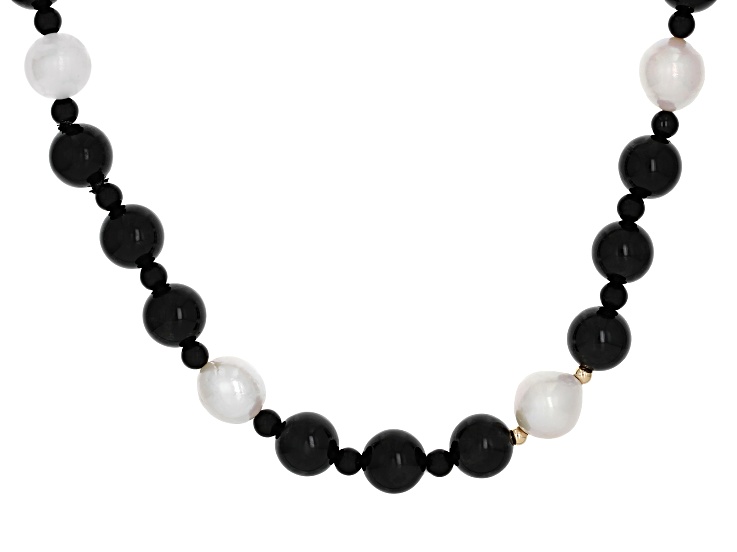 Genusisâ„¢ White Cultured Freshwater Pearl & Black Agate 14k Gold 28 Inch Strand Necklace