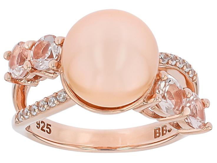 10mm Peach Cultured Freshwater Pearl With 0.88ctw Morganite & Zircon 18k Rose Gold Over Silver Ring