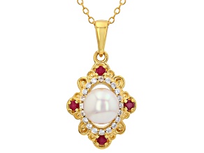 Cultured Japanese Akoya Pearl With Ruby & White Zircon 18k Gold Over Silver Pendant With Chain