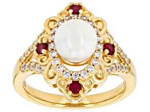 White Cultured Japanese Akoya Pearl With Ruby & White Zircon 18k Yellow Gold Over Silver Ring