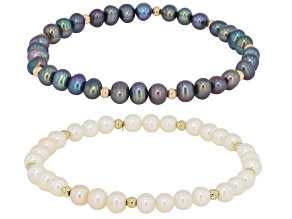 White & Black Cultured Freshwater Pearl 14k Yellow Gold Stretch Bracelets Set of 2