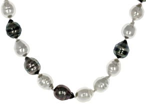 Platinum Cultured Tahitian Pearl and White Cultured South Sea Pearl Silver 18" Strand Necklace