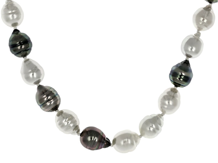Platinum Cultured Tahitian Pearl and White Cultured South Sea Pearl Silver 18" Strand Necklace