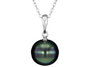 Cultured Tahitian Pearl Rhodium Over Sterling Silver Pendant With Chain