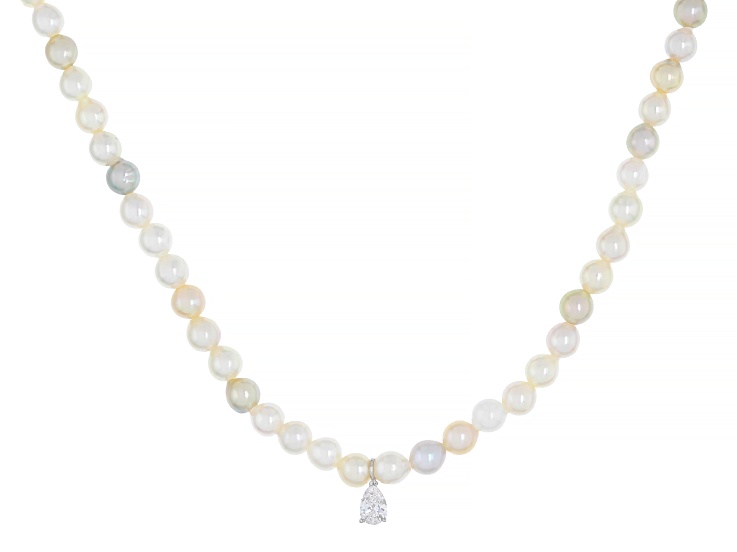 Multi-Color Cultured Japanese Akoya Pearl & 0.15ctw Lab Grown Diamond Rhodium Over Silver Necklace