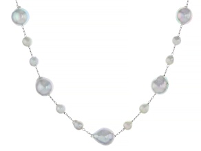 Platinum Cultured Japanese Akoya Pearl Rhodium Over Sterling Silver 18 Inch Strand Necklace