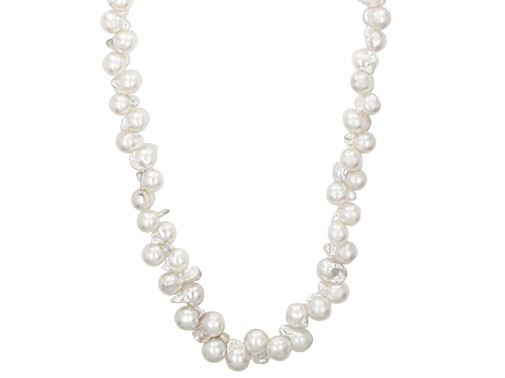 White Cultured Japanese Akoya Pearl Rhodium Over Sterling Silver 18 Inch Strand Necklace
