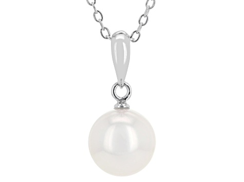 White Cultured Japanese Akoya Pearl Rhodium Over Sterling Silver Pendant With Chain