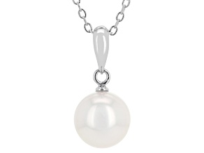 White Cultured Japanese Akoya Pearl Rhodium Over Sterling Silver Pendant With Chain