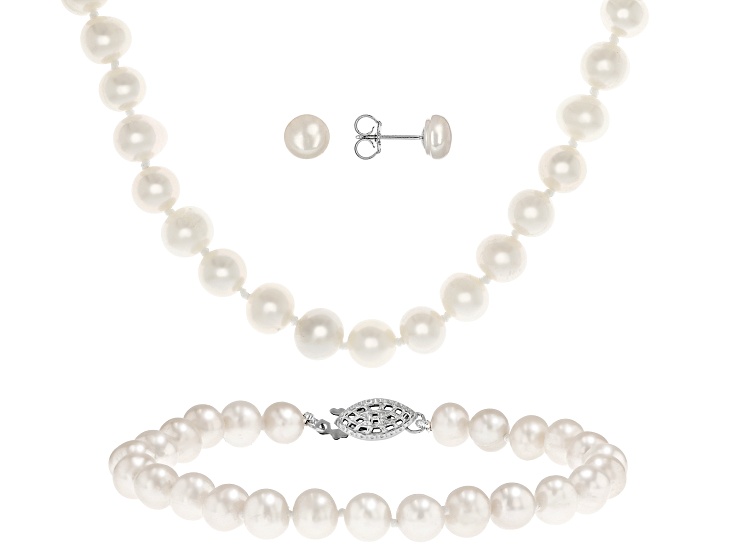 White Cultured Freshwater Pearl Rhodium Over Silver Necklace Bracelet and Stud Earring Set