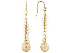 Golden Cultured South Sea Pearl, Cultured Japanese Akoya Pearl 14k Yellow Gold Over Silver Earrings