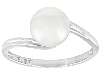 Picture of White Cultured Japanese Akoya Pearl Rhodium Over Sterling Silver Solitaire Ring