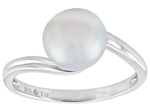 Platinum Cultured Japanese Akoya Pearl Rhodium Over Sterling Silver Solitaire Ring