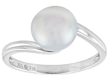 Picture of Platinum Cultured Japanese Akoya Pearl Rhodium Over Sterling Silver Solitaire Ring