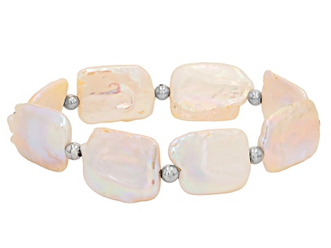 12-16mm White Cultured Freshwater Pearl Rhodium Over Sterling Silver Stretch Bracelet