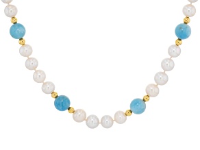 10mm White Cultured Freshwater Pearl With Aquamarine 14k Yellow Gold Over Silver 18" Strand Necklace