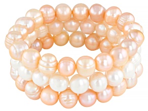 White and Peach Cultured Fresh Water Pearl Stretch Bracelet Set of 3