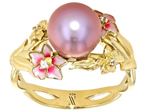 Genusis™ Purple Cultured Freshwater Pearl with Zircon & Enamel 18k Yellow Gold Over Silver Ring