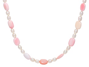 Pink Conch Shell With White Cultured Freshwater Pearl Rhodium Over Silver Necklace