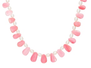 Pink Conch Shell With White Cultured Freshwater Pearl Rhodium Over Sterling Silver Necklace
