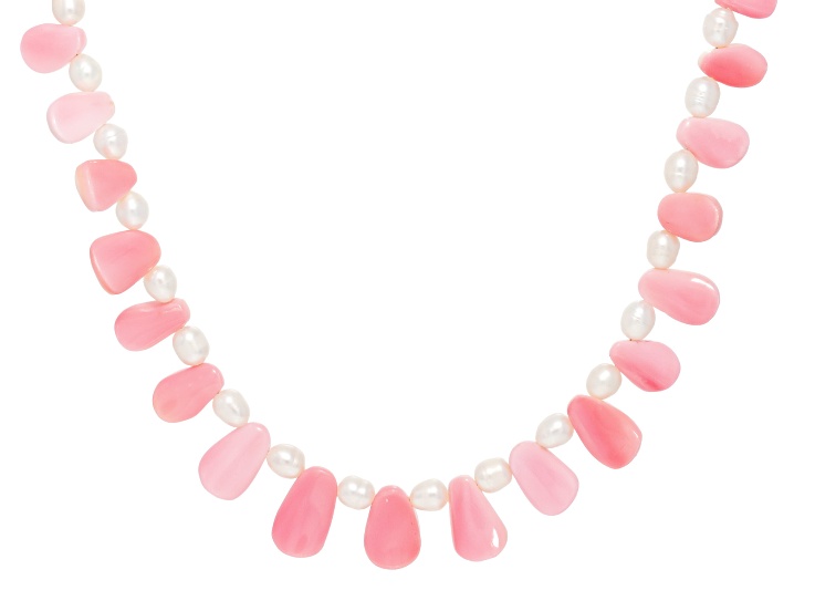Pink Conch Shell With White Cultured Freshwater Pearl Rhodium Over Sterling Silver Necklace