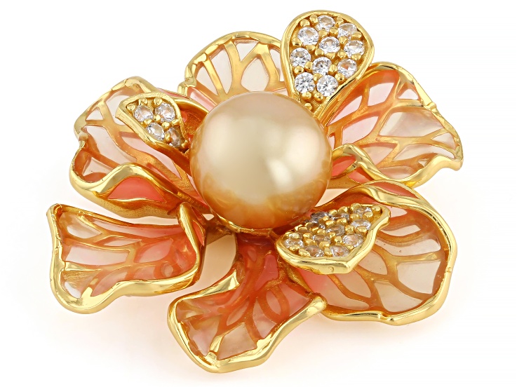 Golden Cultured South Sea Pearl & 0.49ctw White Zircon 18K Gold Over Silver Pendant