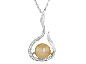 Golden Cultured South Sea Pearl with 0.22ctw White Topaz Rhodium Over Silver Pendant With Chain