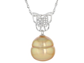 Golden Cultured South Sea Pearl with 0.13ctw White Topaz Rhodium Over Silver Pendant With Chain