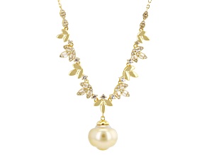 Golden Cultured South Sea Pearl with 0.75ctw White Topaz 18K Yellow Gold Over Silver Necklace