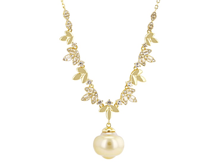 Golden Cultured South Sea Pearl with 0.75ctw White Topaz 18K Yellow Gold Over Silver Necklace