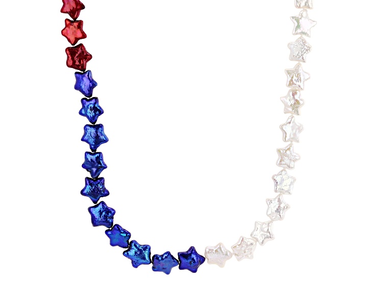 10-12mm White, Red & Blue Cultured Freshwater Pearl Rhodium Over Silver 23 Inch Necklace