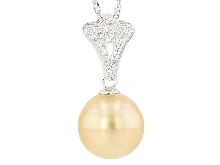 Golden Cultured South Sea Pearl With 0.49ctw White Topaz Rhodium Over Silver Pendant with chain