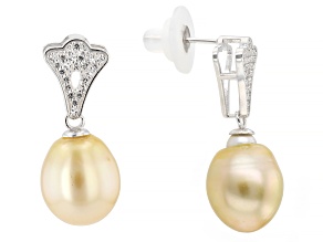 Golden Cultured South Sea Pearl With 0.49ctw White Topaz Rhodium Over Silver Earrings