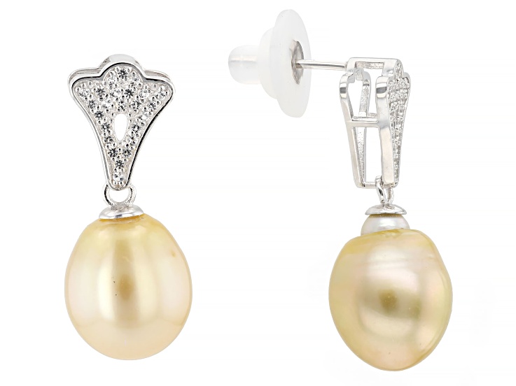 Golden Cultured South Sea Pearl With 0.49ctw White Topaz Rhodium Over Silver Earrings