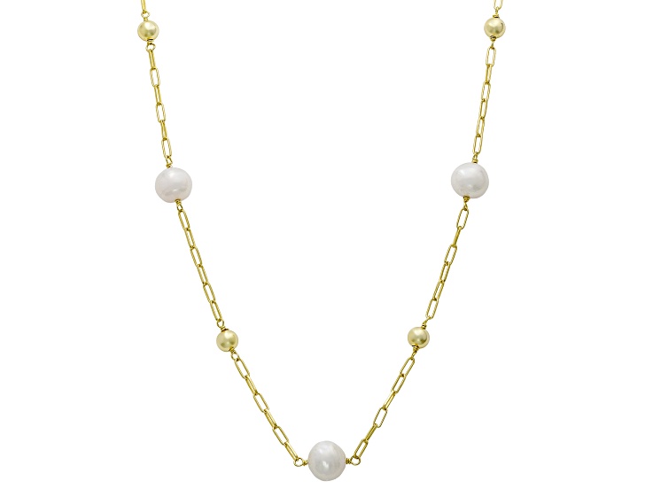 Genusisâ„¢ White Cultured Freshwater Pearl 18K Yellow Gold Over Sterling Silver 19 Inch Necklace