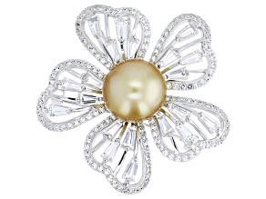 Golden Cultured South Sea Pearl with 3.28cttw White Topaz Rhodium Over Silver Pin/Pendant