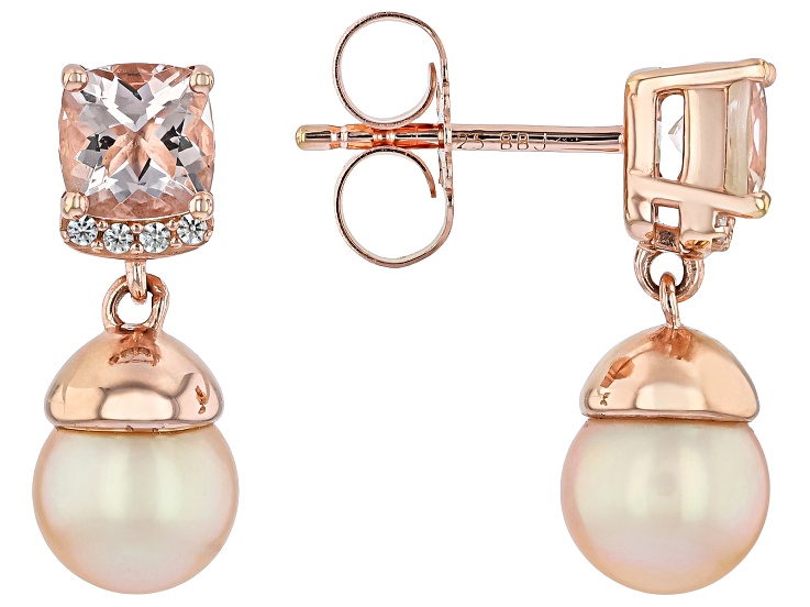 Peach Cultured Freshwater Pearl With Morganite & Zircon 18K Rose Gold Over Silver Earrings 1.06ctw