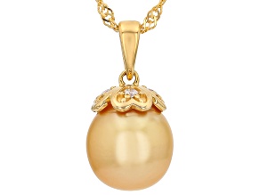 Golden Cultured South Sea Pearl With White Diamond 18K Yellow Gold Over Silver Pendant With Chain