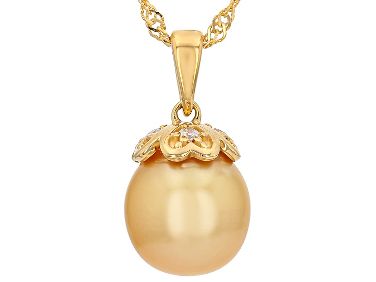 Golden Cultured South Sea Pearl With White Diamond 18K Yellow Gold Over Silver Pendant With Chain