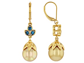Golden Cultured South Sea Pearl with Blue Diamond 18K Yellow Gold Over Silver Earrings 0.36ctw