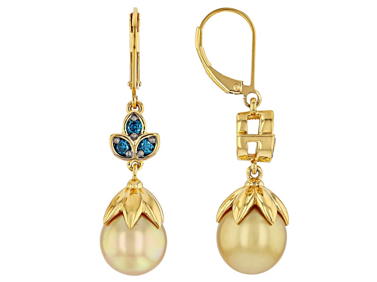 Golden Cultured South Sea Pearl with Blue Diamond 18K Yellow Gold Over Silver Earrings 0.36ctw